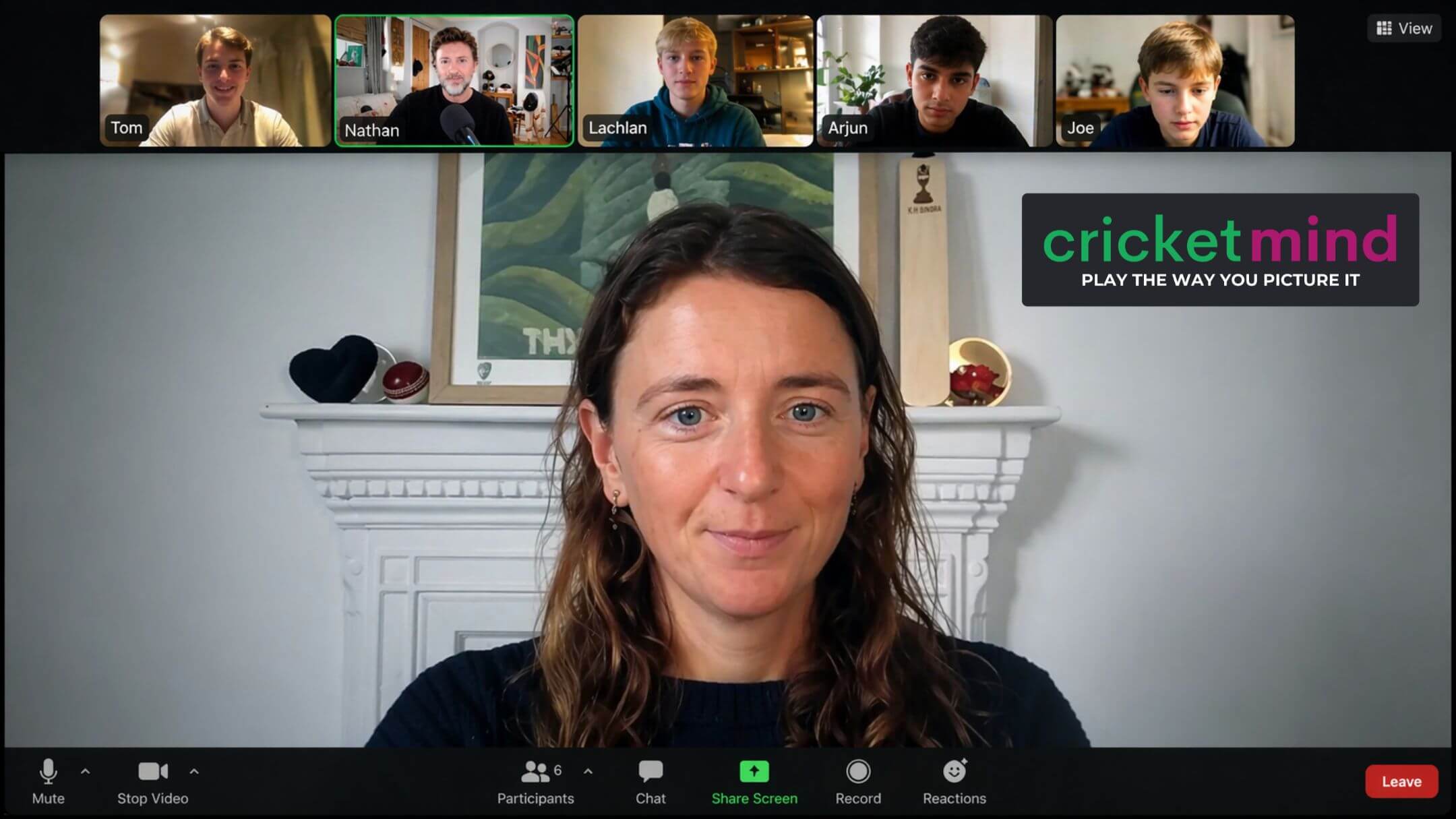 Online cricket coaching workshop with Briony Brock leading a group session on mindset and performance